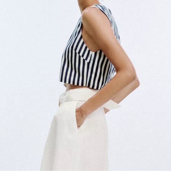 NWT Zara | Belted Linen Dress Waist Cut-out Navy Ivory Nautical coastal vibe - Picture 10 of 16